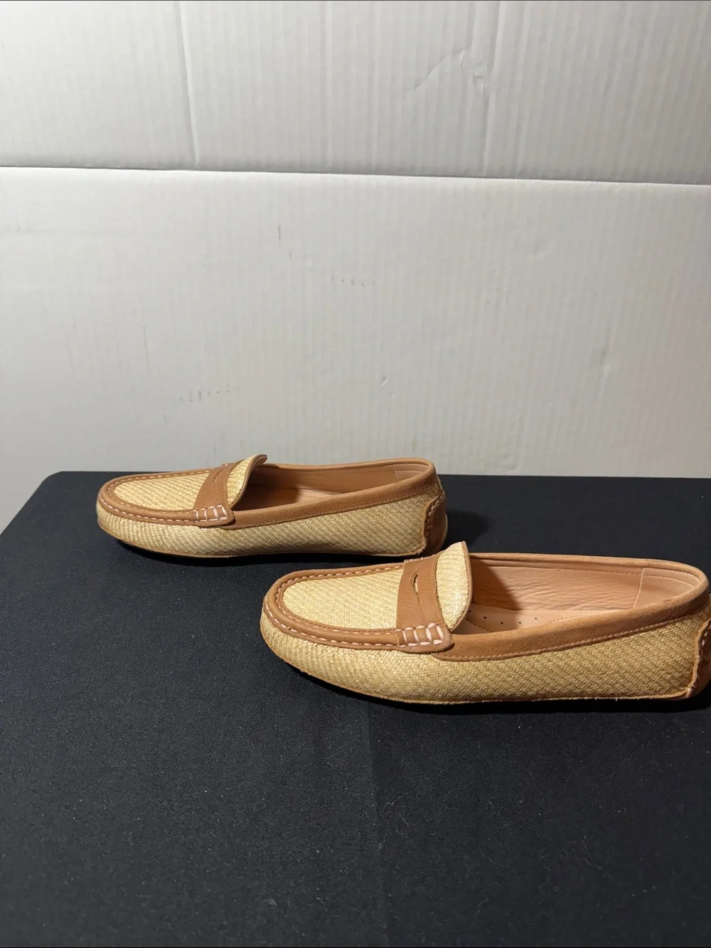Women’s Tan Raffia Penny Loafers — Casual Slip-On Flats